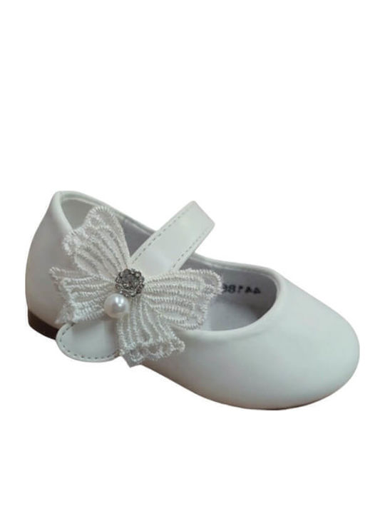 Kids Leather Ballerinas with Hoop & Loop Closure White
