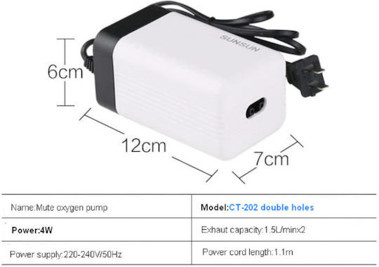 CT-202 Pompa de aer pentru acvariu Cu două ieșiri cu viteză maximă reglabilă a fluxului de aer 1.5lt/h