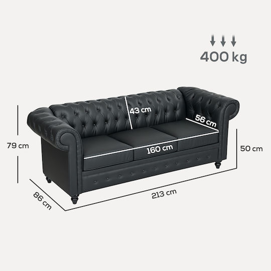 Three-Seater Couch Artificial Leather Black Velvet-Black Metal 213x86x79cm
