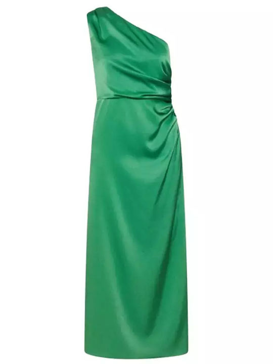 Maxi Evening Satin Dress with Tearing Green