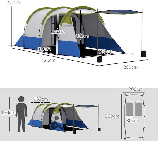 Outsunny Camping Tent Tunnel Green with Double Cloth 3 Seasons for 3 People 420x200x150cm