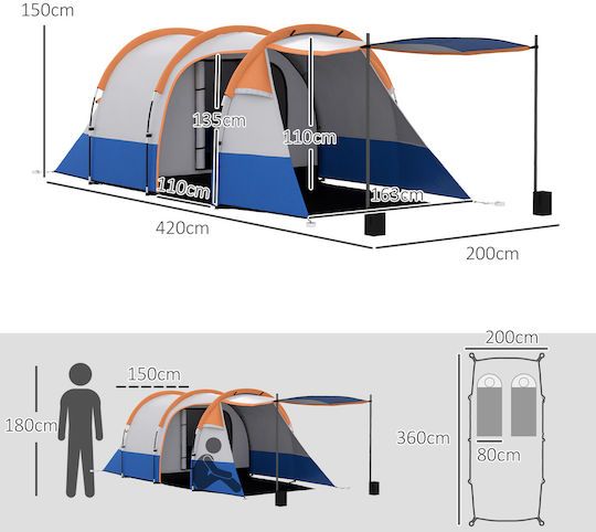 Outsunny Outsunny Camping Tent Tunnel Orange with Double Cloth 3 Seasons for 3 People 420x200x150cm