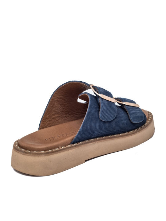 Leather Women's Flat Sandals Anatomic Flatforms in Blue Color
