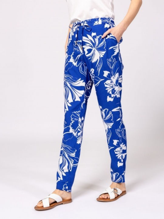 Women's Fabric Trousers Floral Blue/White