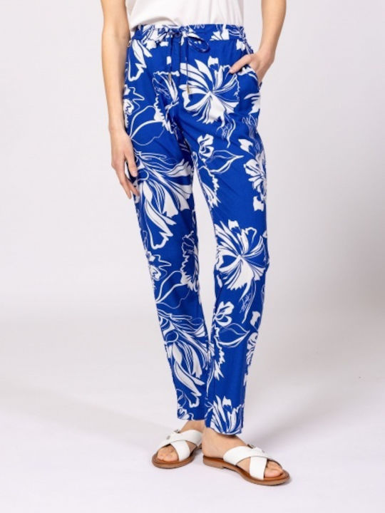 Women's Fabric Trousers Floral Blue/White