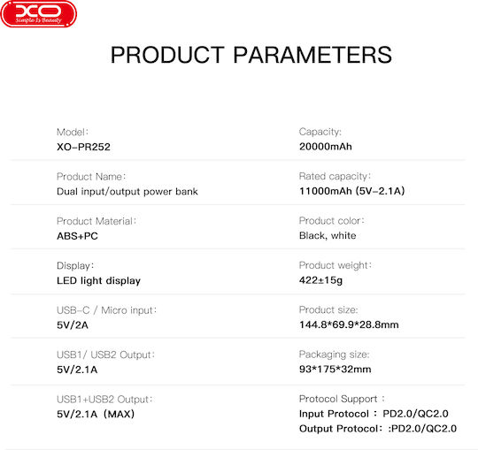 XO PR252 Power Bank 20000mAh με 2 Θύρες USB-A Power Delivery / Quick Charge 2.0 Λευκό
