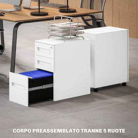 Office Storage Metal Drawer with Wheels, Lock & Drawers White L30xW43.5xH60cm