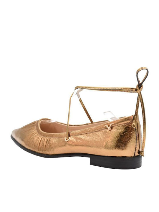 Leather Ballerinas With strap Gold