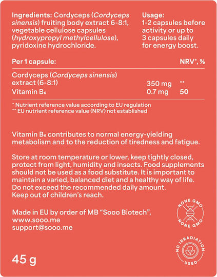 Sooo.me™ Energetic Cordyceps 6-8:1 350mg Ειδικό Συμπλήρωμα Διατροφής 90 κάψουλες