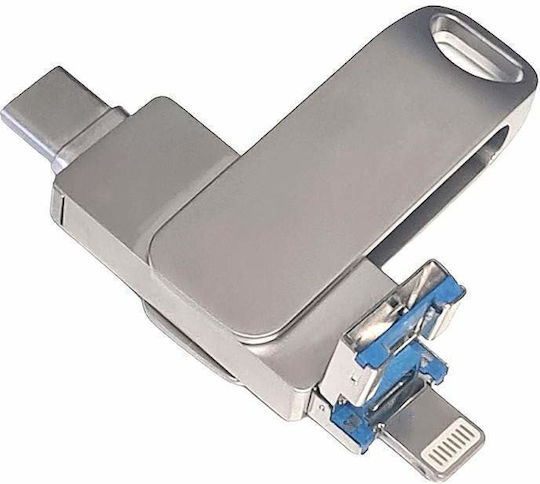 Siks 4 în 1 Stick de Memorie Metalic 512 Gb Usb 3.0 Type-c Usb C Lightning 360⁰ Rotativ Rezistent la Apă Compatibil cu Telefoane Dispozitive Type C Lightning Usb C Porturi Otg Compatibilitate Viteză Mare Argintiu
