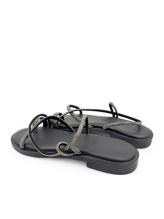 Leather Women's Flat Sandals in Black Color