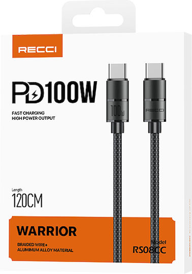 Recci USB 2.0 Cable USB-C male - USB-C 100W PD Μαύρο 1.2m RS08CC