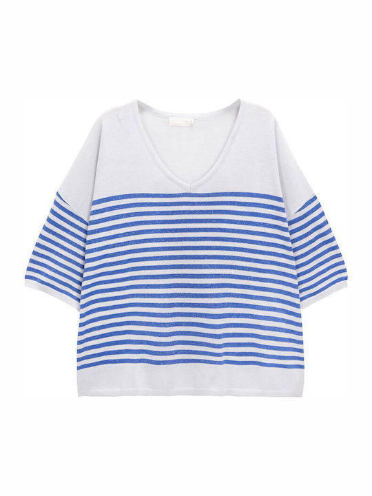 Women's Sweater with 3/4 Sleeve & V Neckline White/Light Blue