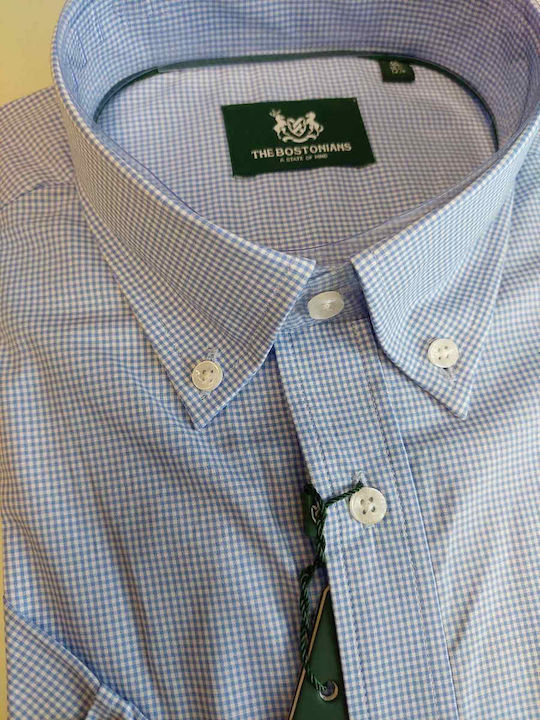 Short Sleeve Cotton Shirt in Regular Fit Checked Light Blue 3BAC7021 B176SK