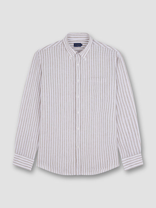 Long-sleeved Linen Shirt Striped White/Beige