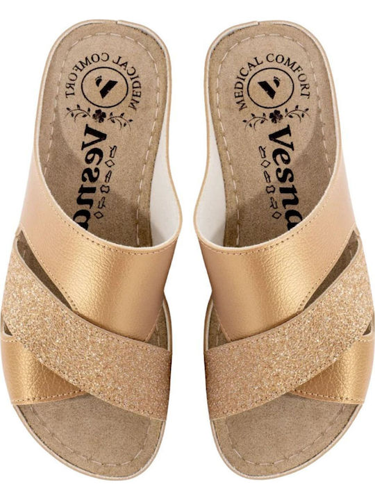 Leather Women's Flat Sandals Anatomic in Gold Color