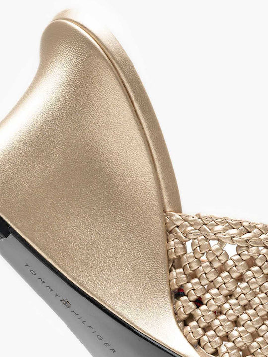 Leder Mules mit Absatz in Gold Farbe