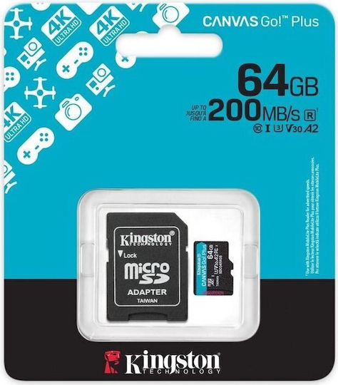 Kingston Canvas Go Plus microSDXC 64GB U3 V30 A2 UHS-I 200MB/s с адаптер