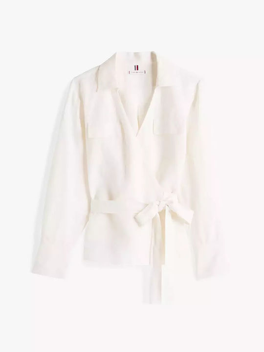 Damen Sommer Leinen Langärmelig Bluse Beige