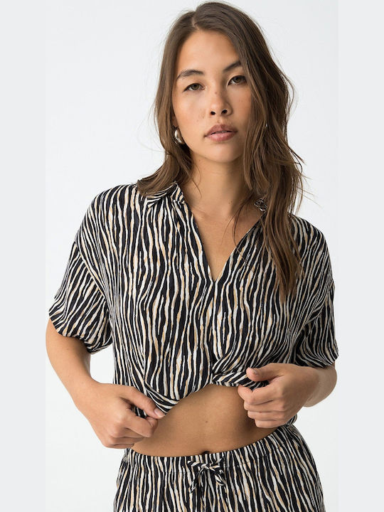 Women's Crop Top with V Neckline Animal Print Black