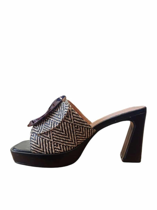 Leder Damen Pantoletten mit Chunky Hochabsatz in Schwarz Farbe