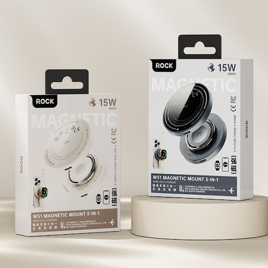 Rock W51 15W Magnetischer Ring 3 in 1 Kabelloses Ladegerät Weiß