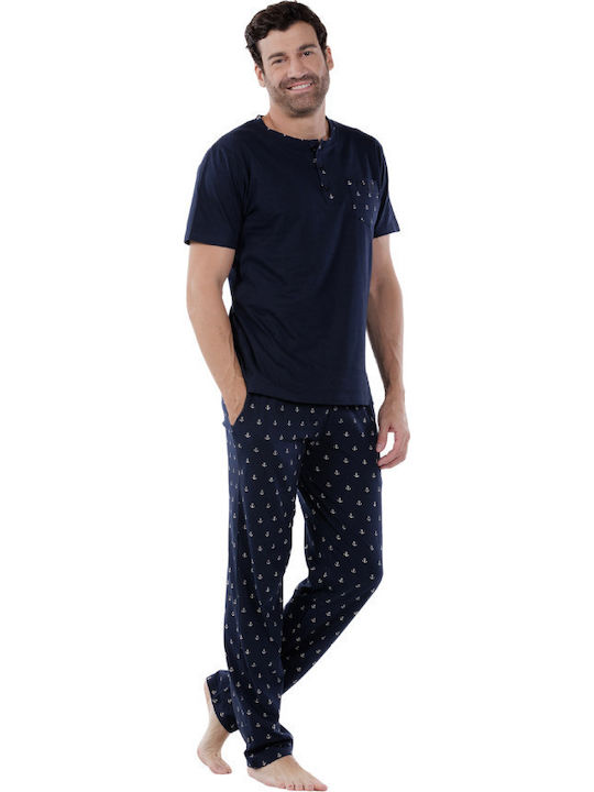 MEI Καλοκαιρινή Ανδρική Πιτζάμα Βαμβακερή Navy Blue