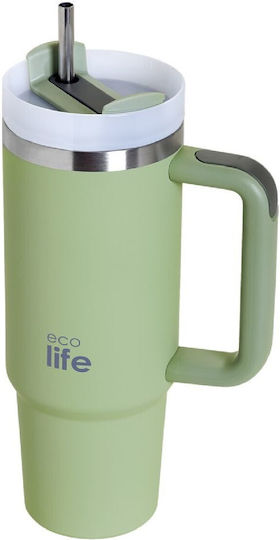 Ecolife Handled Tumbler Recyclable Handled Tumbler Thermos Stainless Steel BPA Free 900ml Bay Leaf with Straw and Handle