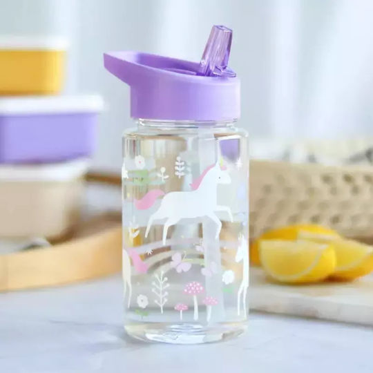 A Little Lovely Company Kids Water Bottle Unicorn Plastic with Straw Tritan 450ml (Various Designs/Colours)