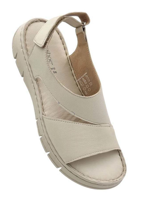 Leather Women's Flat Sandals in Beige Color
