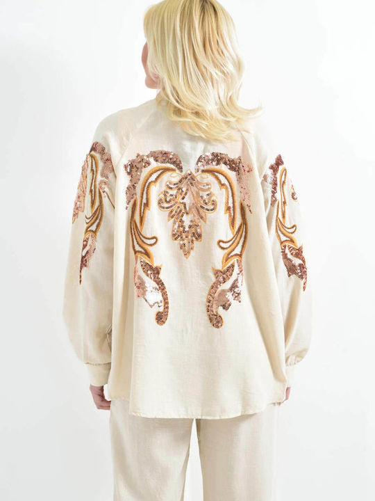 Women's Beige Set with Pants with Elastic in Straight Line with Sequins