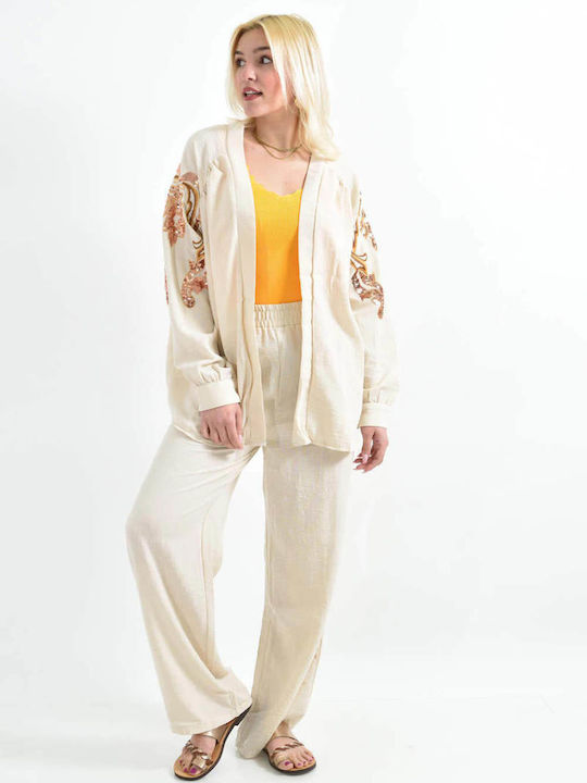 Women's Beige Set with Pants with Elastic in Straight Line with Sequins