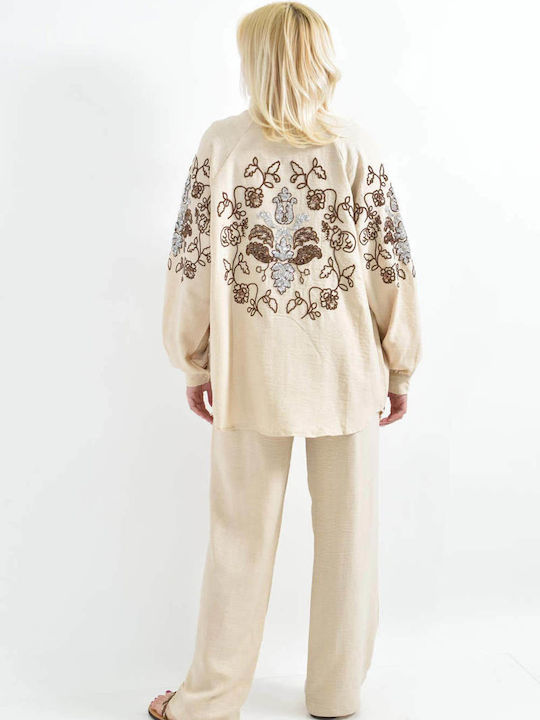 Women's Ecru Set with Pants with Elastic in Straight Line