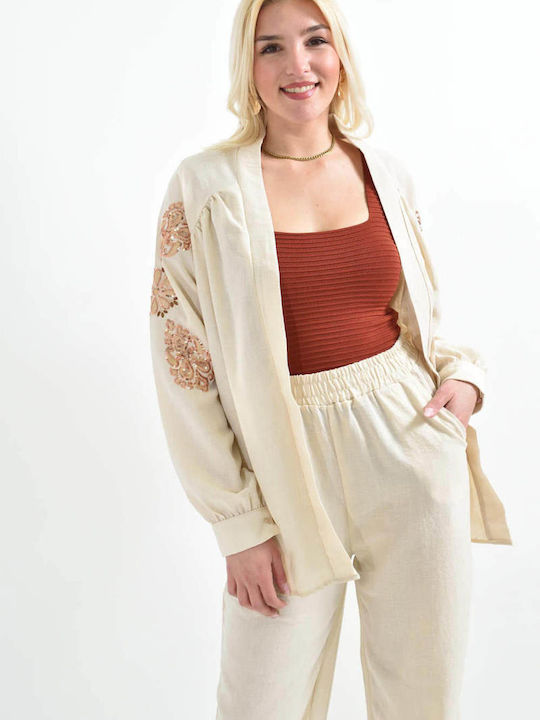 Women's Ecru Set with Pants with Elastic in Straight Line