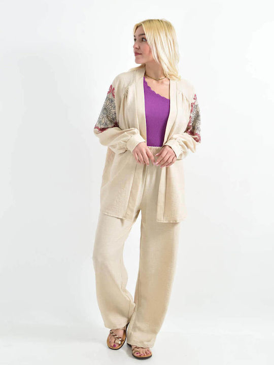 Women's Ecru Set with Pants with Elastic in Straight Line