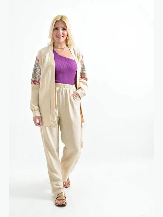 Women's Ecru Set with Pants with Elastic in Straight Line