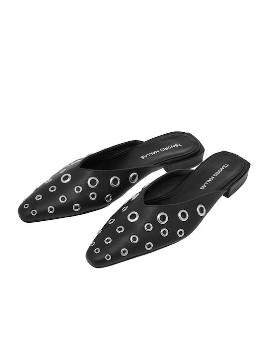 Flat Leather Mules in Black Color