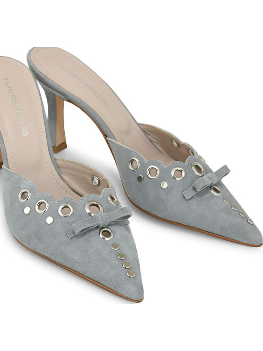 Suede Mules with High Heel in Gray Color