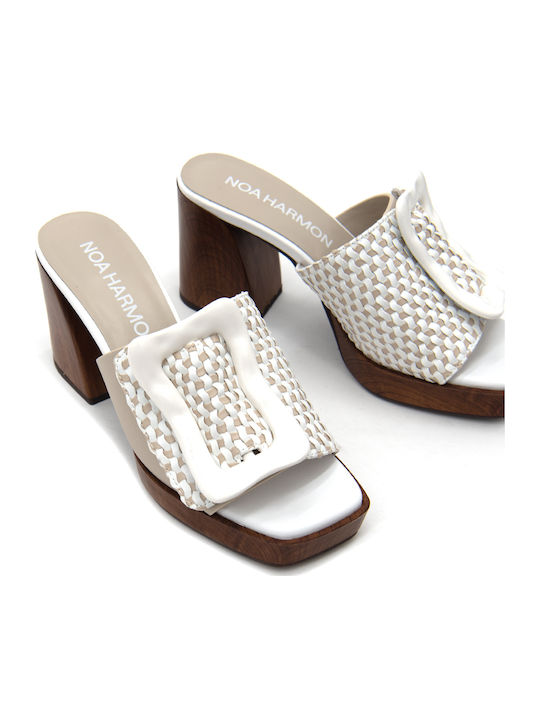 Leather Mules with High Heel in White Color