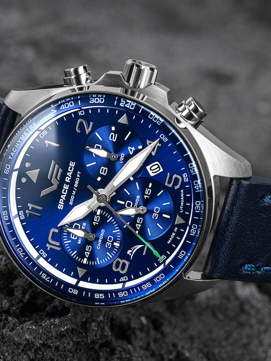 Vostok Europe Space Race Men's Watch 46mm Chronograph Battery with Blue Leather Strap