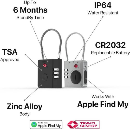 OneAdaptr Padlock with Cable Combination with TSA Certification 14mm Black 1pcs