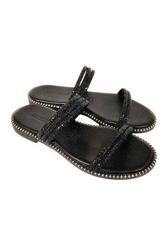 Leather Women's Flat Sandals in Black Color