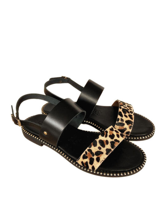 Leather Women's Flat Sandals in Black Color