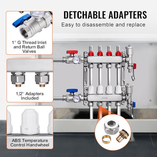 Vevor Underfloor Heating Manifold Set Pex Pipes 4 Branches