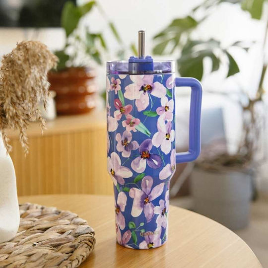Quokka Handled Tumbler Θερμός Ανοξείδωτο BPA Free 1.2lt Flower Dusk με Καλαμάκι και Λαβή