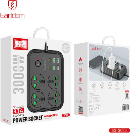 Earldom Πολύπριζο 4 Θέσεων με 4 USB-A, USB-C και Καλώδιο 2m