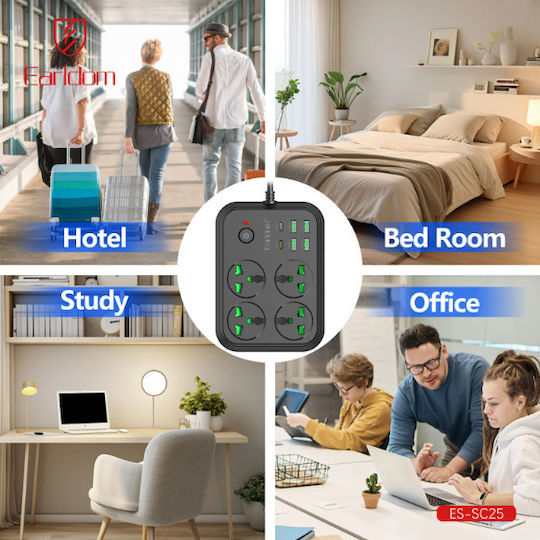 Earldom Πολύπριζο 4 Θέσεων με 4 USB-A, USB-C και Καλώδιο 2m
