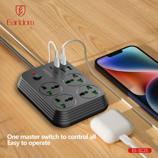 Earldom Πολύπριζο 4 Θέσεων με 4 USB-A, USB-C και Καλώδιο 2m