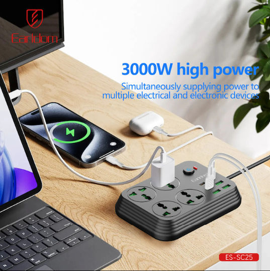 Earldom Πολύπριζο 4 Θέσεων με 4 USB-A, USB-C και Καλώδιο 2m
