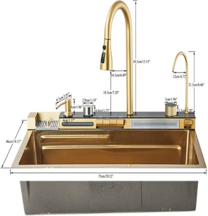 Drop-In Chiuvetă Inox cu robinet L75xW46cm Auriu